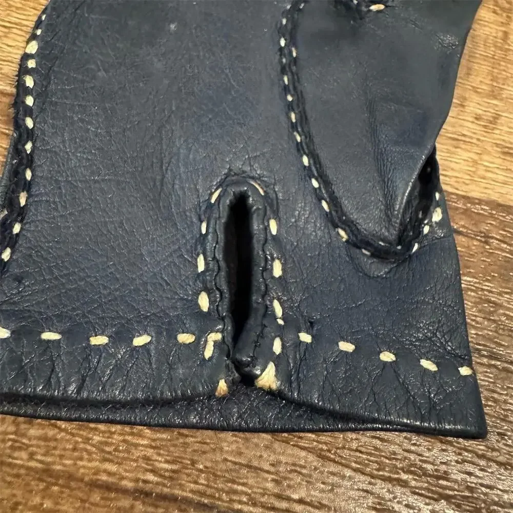 Small Vintage Navy Blue Leather Gloves White Trim Hand Stitch Wrist Length READ